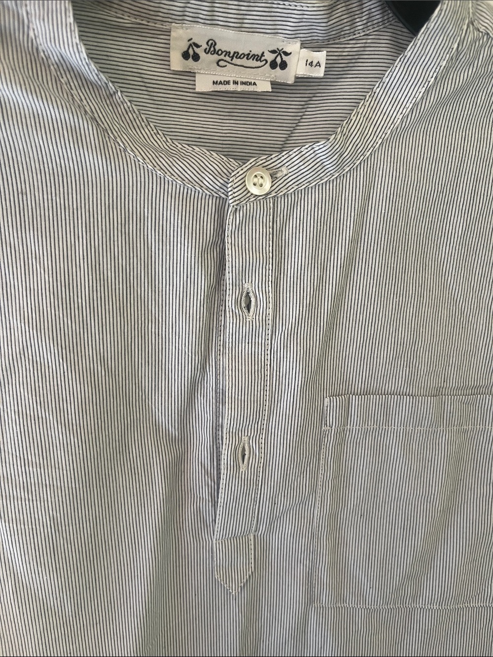 Bonpoint White and Navy Pinstripe Band-Collar Button-Down Shirt